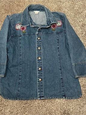 Christopher & Banks Blue Denim Jacket with Pink Floral Embroidery